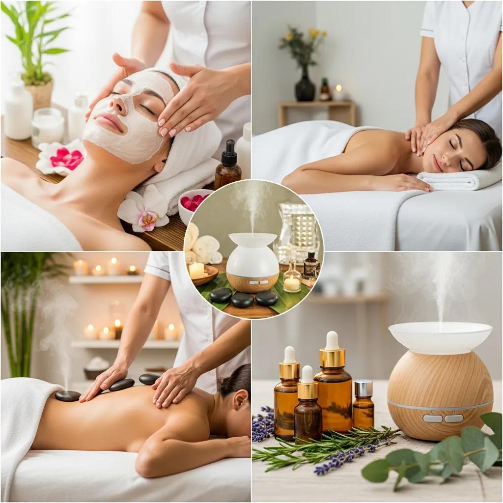 Collage of spa treatments featuring facial massage, essential oil diffuser, soothing ambiance, and wellness benefits of massage therapy.