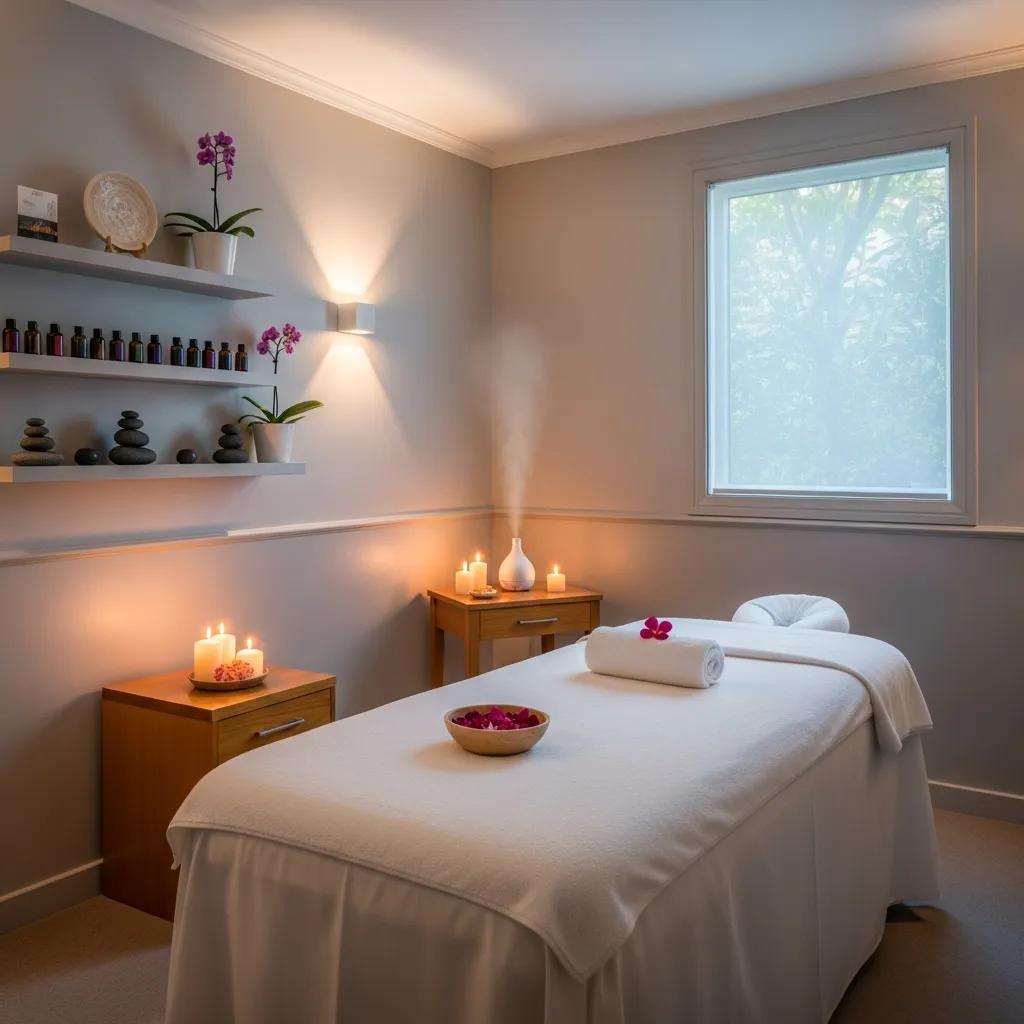 Luxurious spa environment in Sydney featuring a massage table, essential oils, calming decor, and decorative candles for relaxation and wellness.