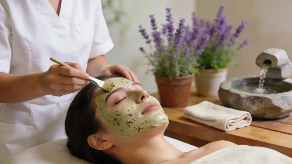 Herbal facial treatment with natural ingredients and soothing botanical mask application.