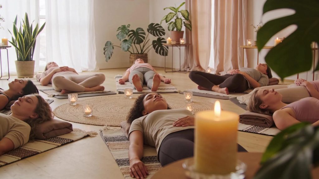 Group of people meditating during Reiki workshop, candles and calming atmosphere for holistic wellness.