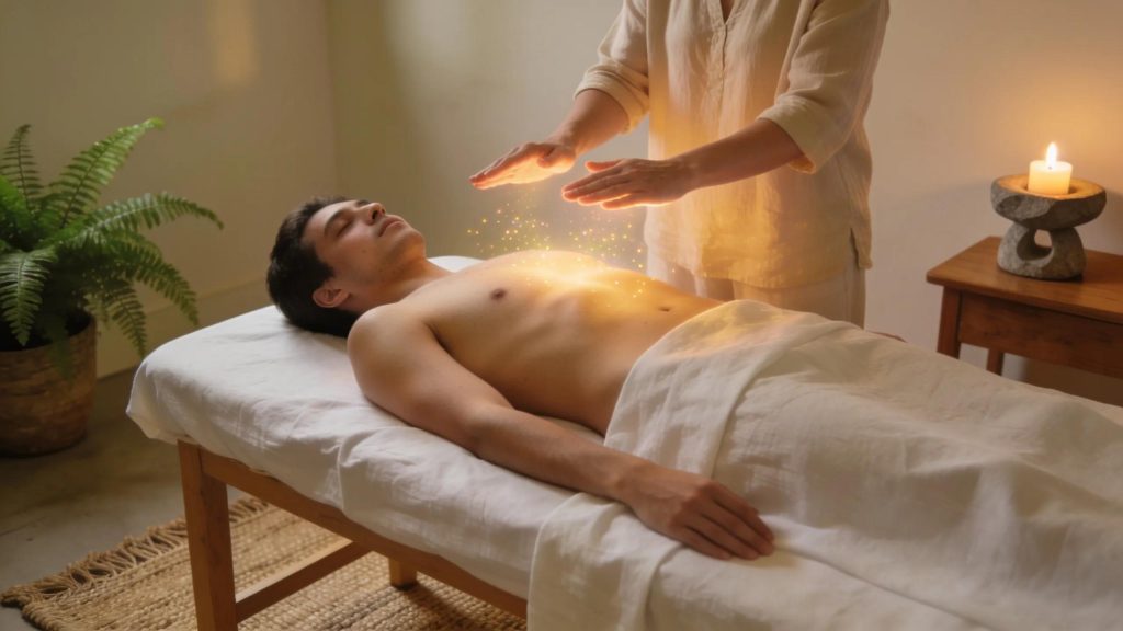Reiki healing session at The Beauty Haven, Georges Hall; energy flow restoration and relaxation.