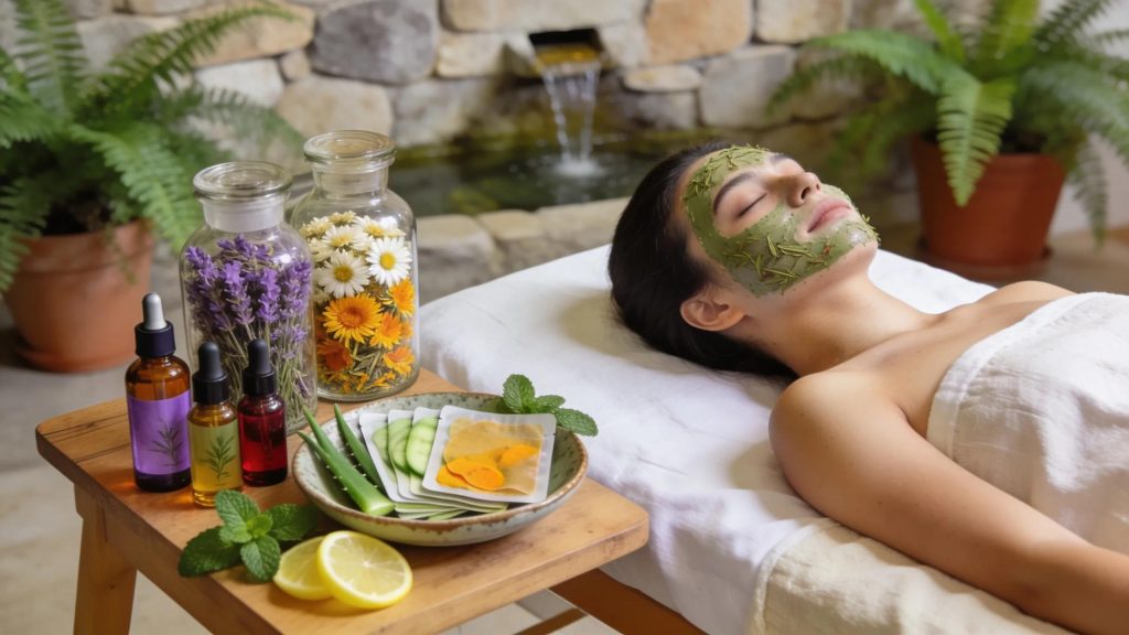 Woman receiving herbal facial treatment with botanical skincare and fresh ingredients, The Beauty Haven.