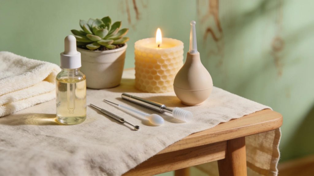 Ear candling tools and essential oils for holistic ear care at The Beauty Haven, Georges