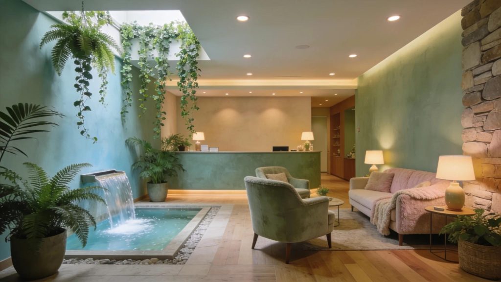 Serene wellness spa interior with waterfall feature and relaxation lounge, illustrating a rejuvenating experience in
