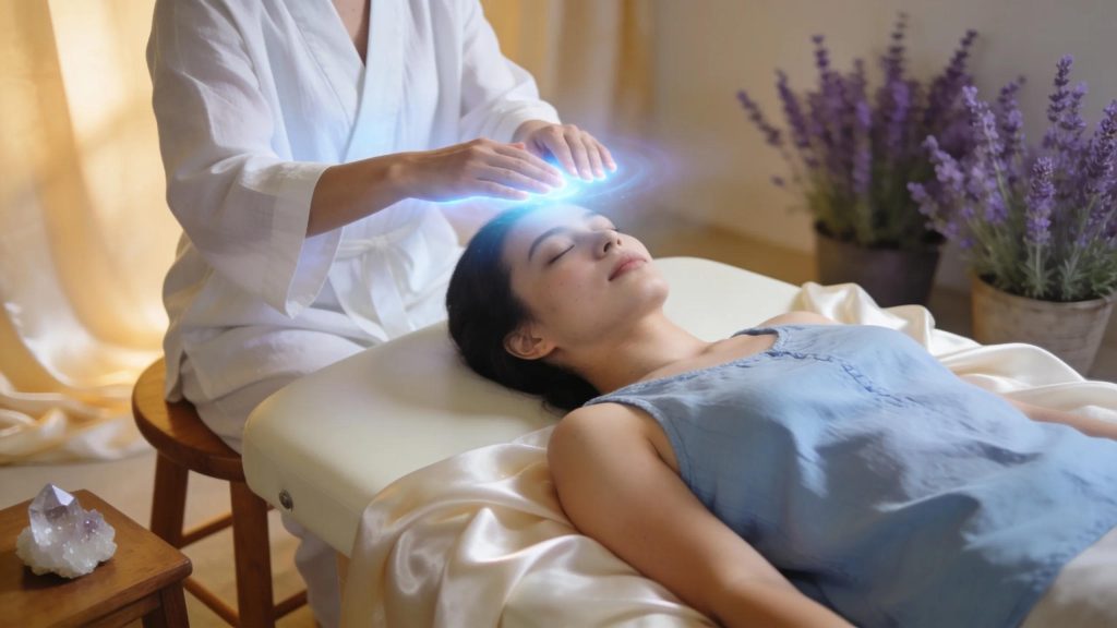 Reiki healing session with energy flow above client's head, promoting wellness and spiritual growth in
