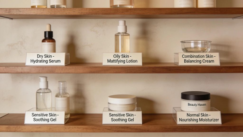 The Beauty Haven skincare range displayed, featuring products for dry, oily, combination, sensitive, and normal