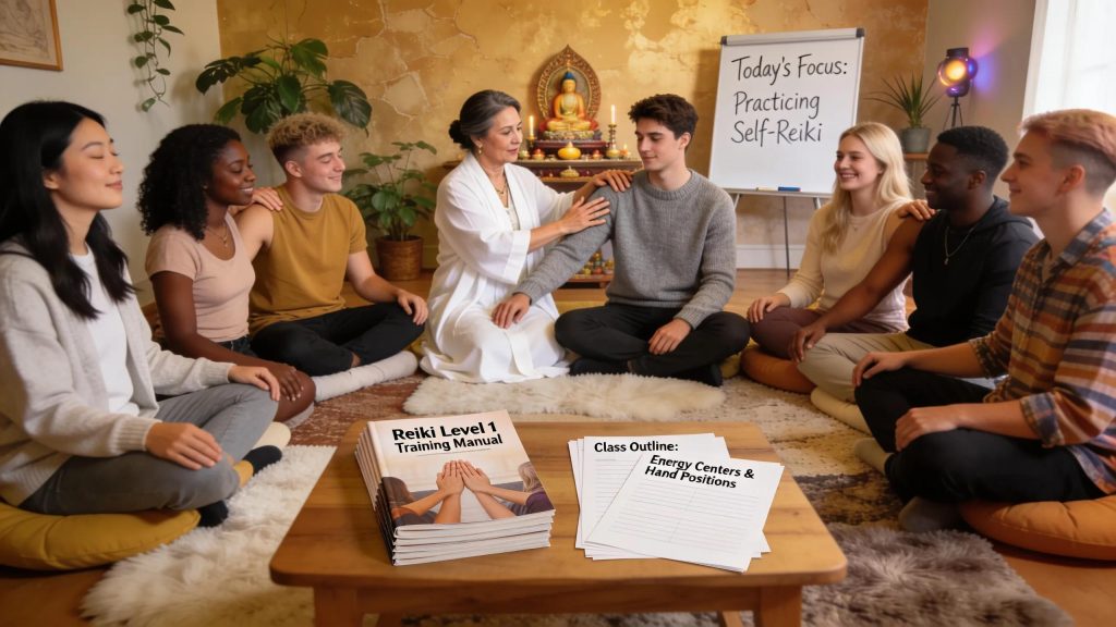 Group Reiki training session with certified practitioner and Reiki Level 1 manual.
