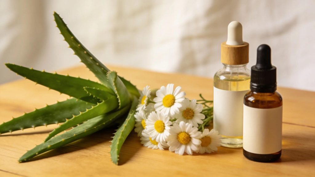 Aloe Vera and chamomile botanical ingredients for herbal facials and skincare.