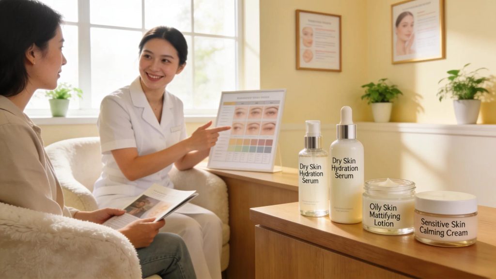 Skincare consultation identifying skin types and recommending facial treatments, dry skin serum and lotions displayed.