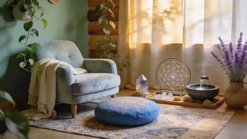 Serene Reiki healing space with armchair, meditation cushion, and crystal water fountain.