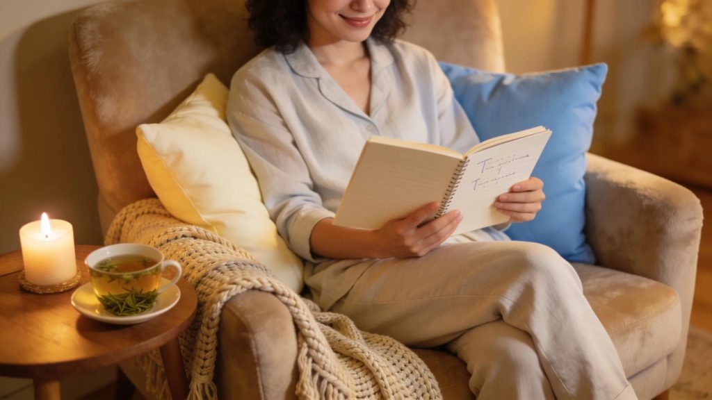 Woman relaxing in armchair with notebook, candle, and tea illustrating post-Reiki self-care.