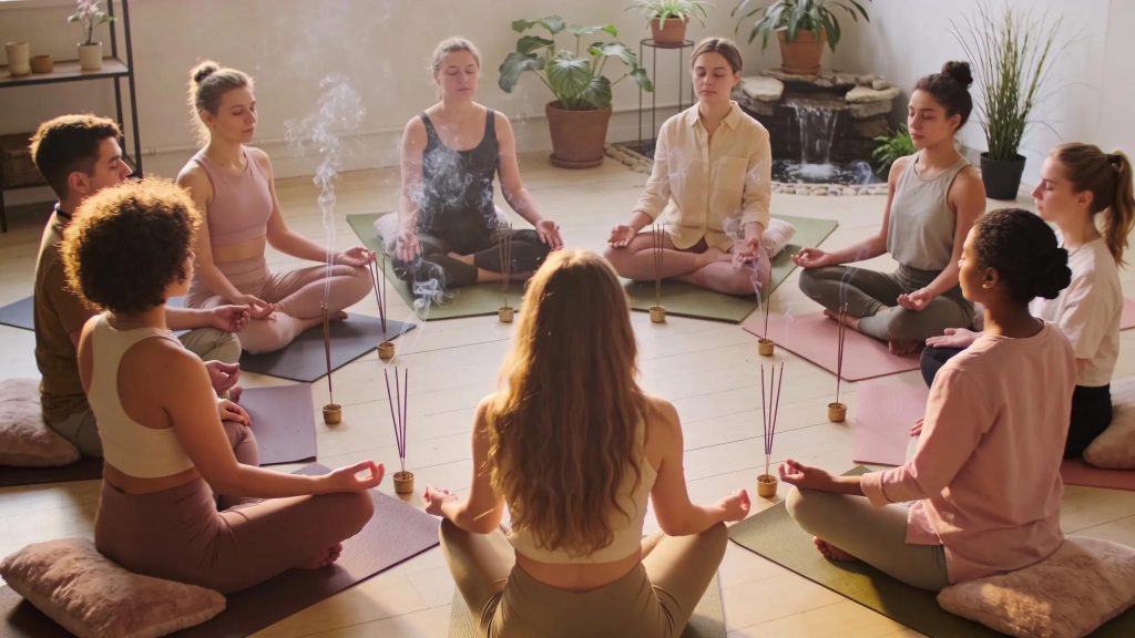 Group meditating during Reiki workshop, promoting holistic wellness and emotional balance.