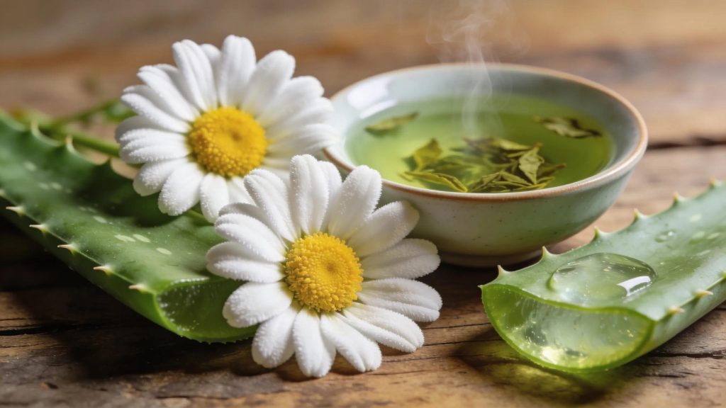 Herbal facial ingredients: chamomile flowers and aloe vera with steaming herbal infusion.