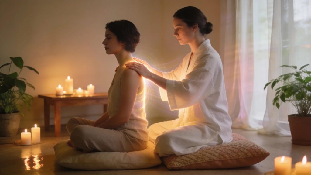 Reiki energy healing session in progress, promoting holistic wellness and personal growth.