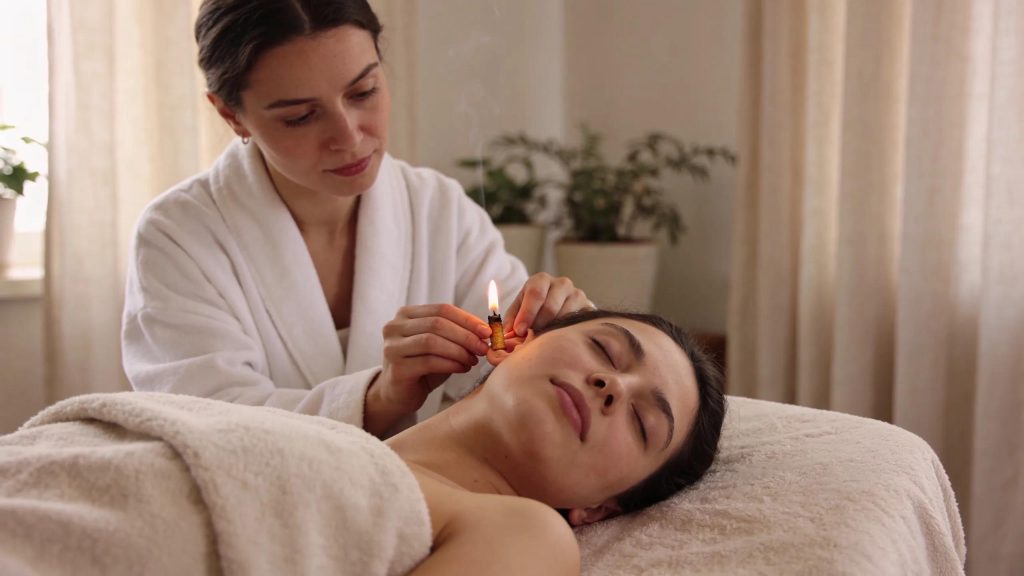 Client receiving ear candling treatment in a serene salon setting, Georges Hall, NSW.