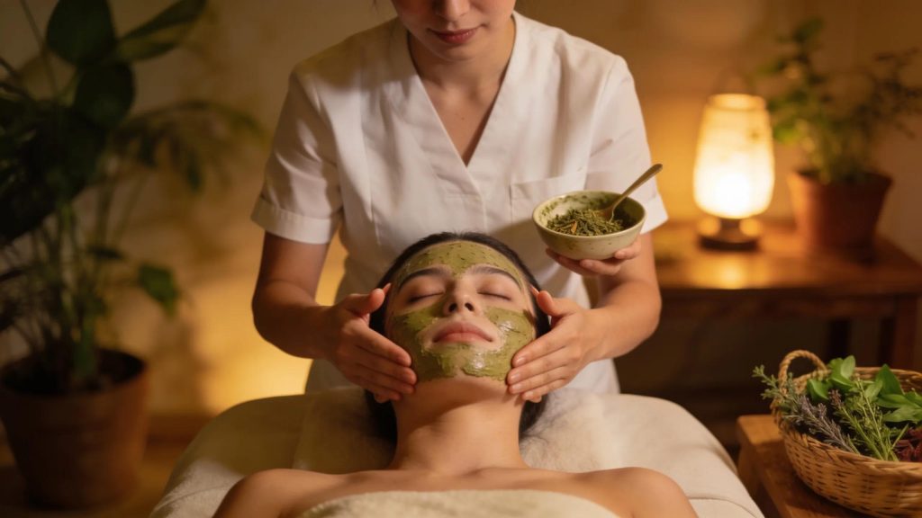 Woman receiving herbal facial treatment and botanicals, The Beauty Haven, Georges Hall.