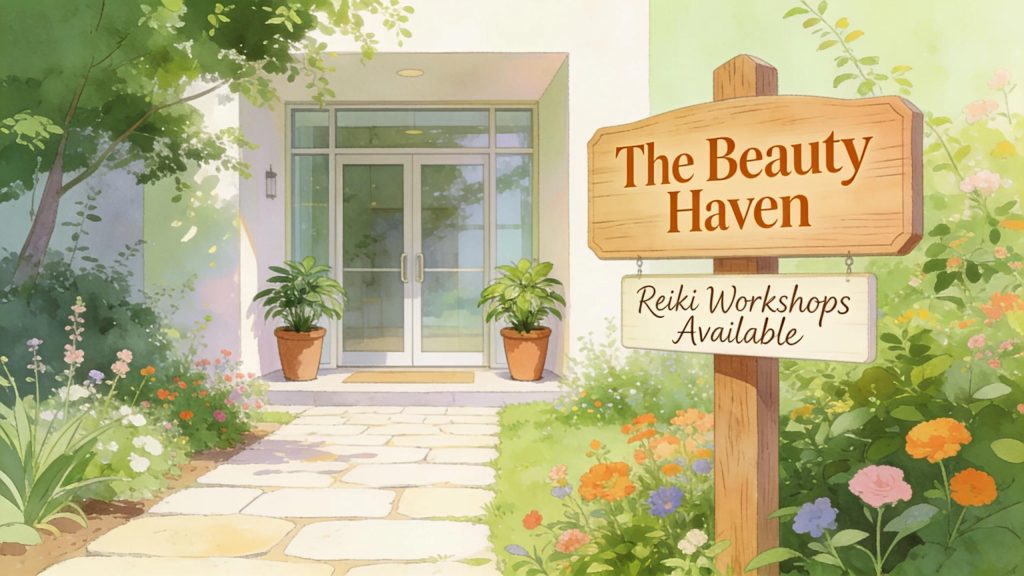 The Beauty Haven salon entrance and sign advertising Reiki workshops in Georges Hall, NSW.