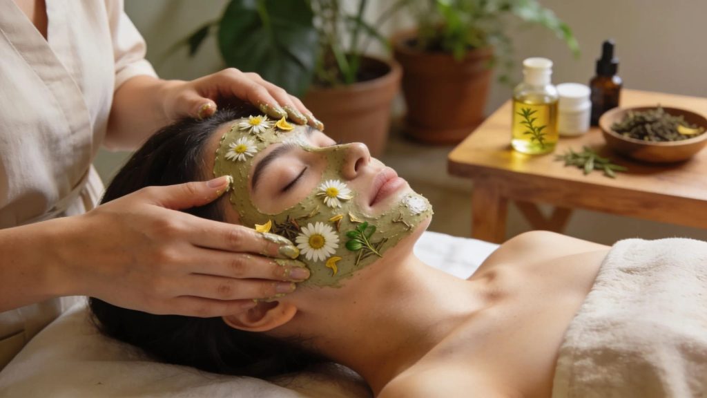 Woman receiving herbal facial treatment with chamomile and other natural ingredients, illustrating a holistic skincare