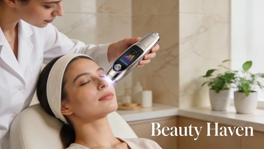 Skincare therapist performing facial assessment with advanced technology for personalized treatments at The Beauty Haven.