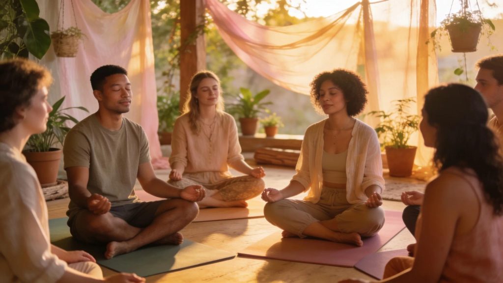 Group meditating in circle during Reiki workshop at The Beauty Haven, Georges Hall.
