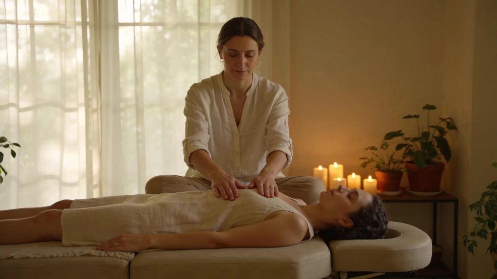 Woman receiving Reiki energy healing treatment on massage table in serene setting.